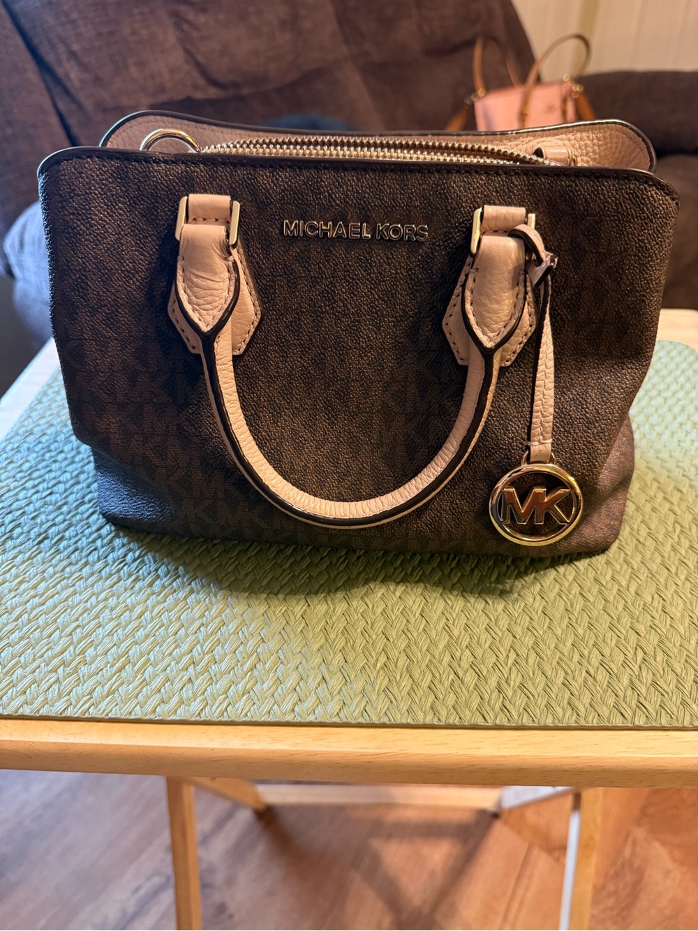 Michael Kors Brown Logo Satchel with Beige Trim and Gold MK Charm